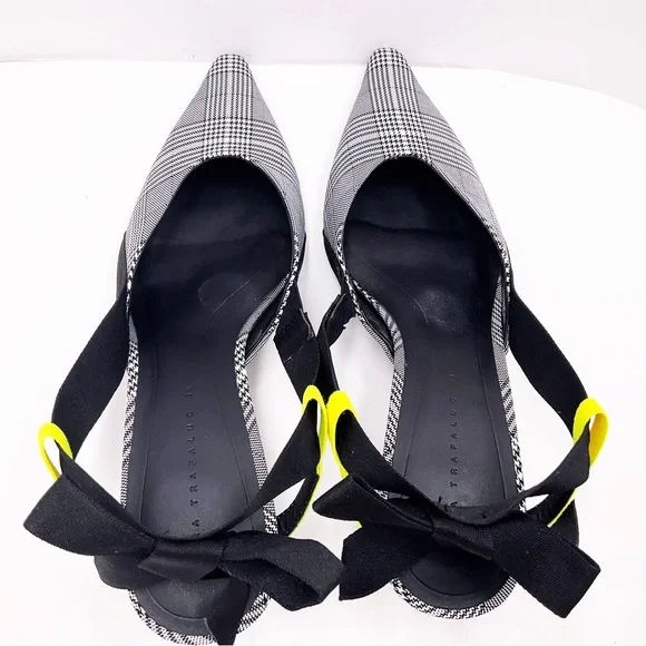 {Zara} Gray Plaid Slingback Bow Kitten Heels - Picture 10 of 16